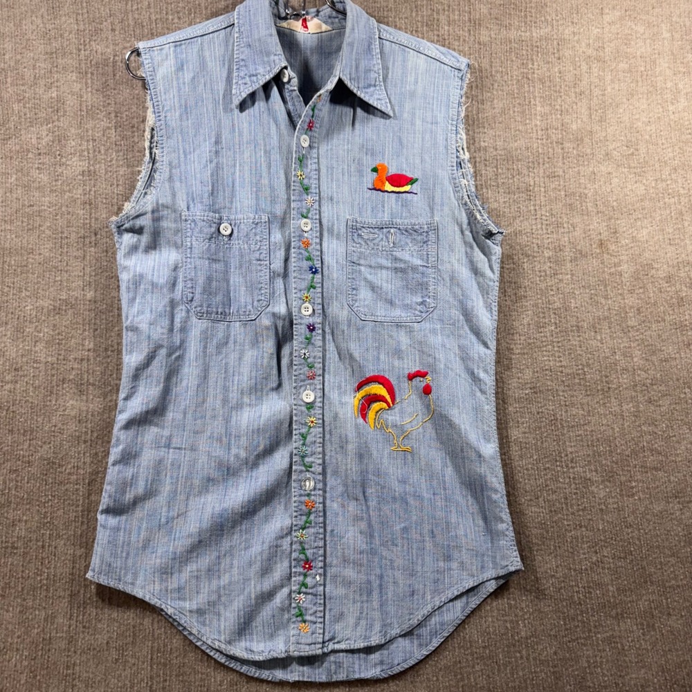 King Kole Vintage Denim Sleeveless Shirt Hand-Stitched Embroidered Artsy Sm 14